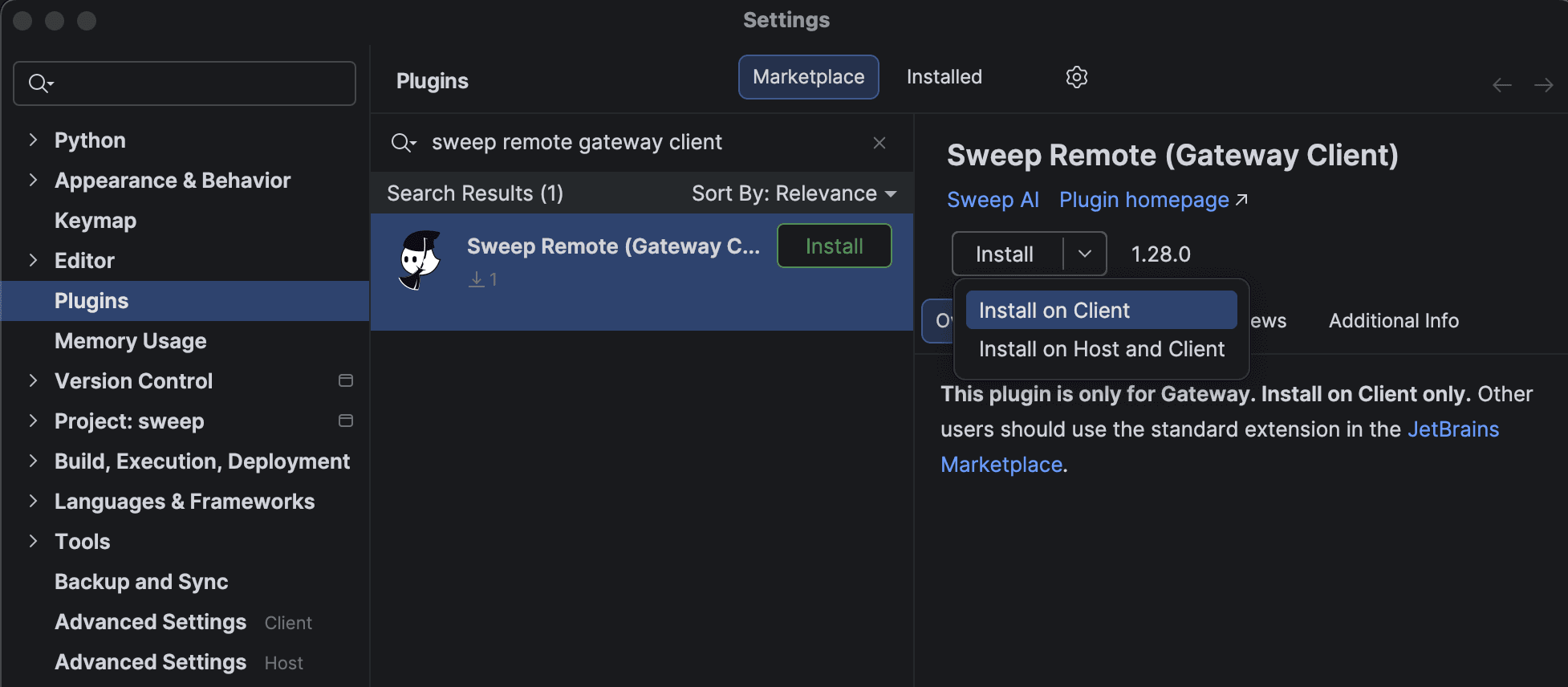 Sweep Remote Gateway Client Installation on 2025.3+