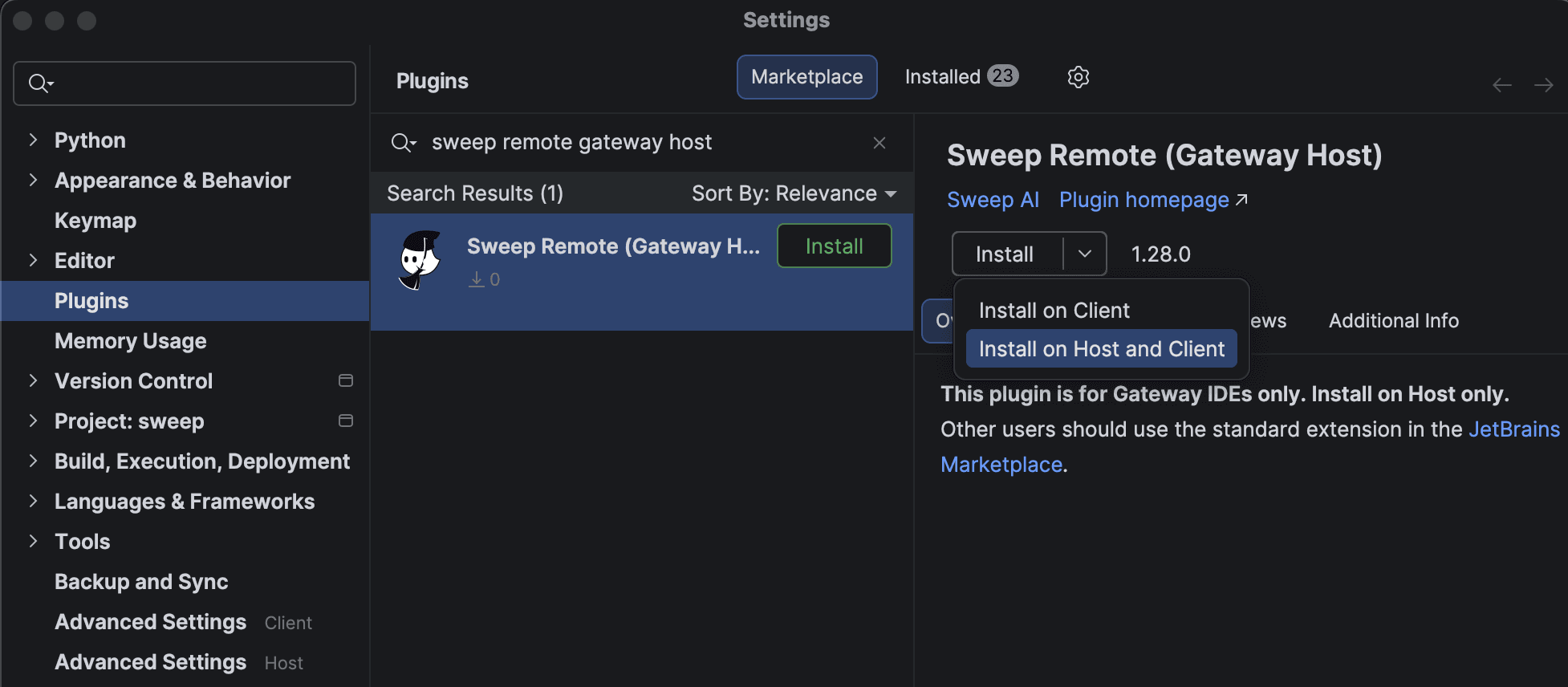 Sweep Remote Gateway Host Installation on 2025.3+