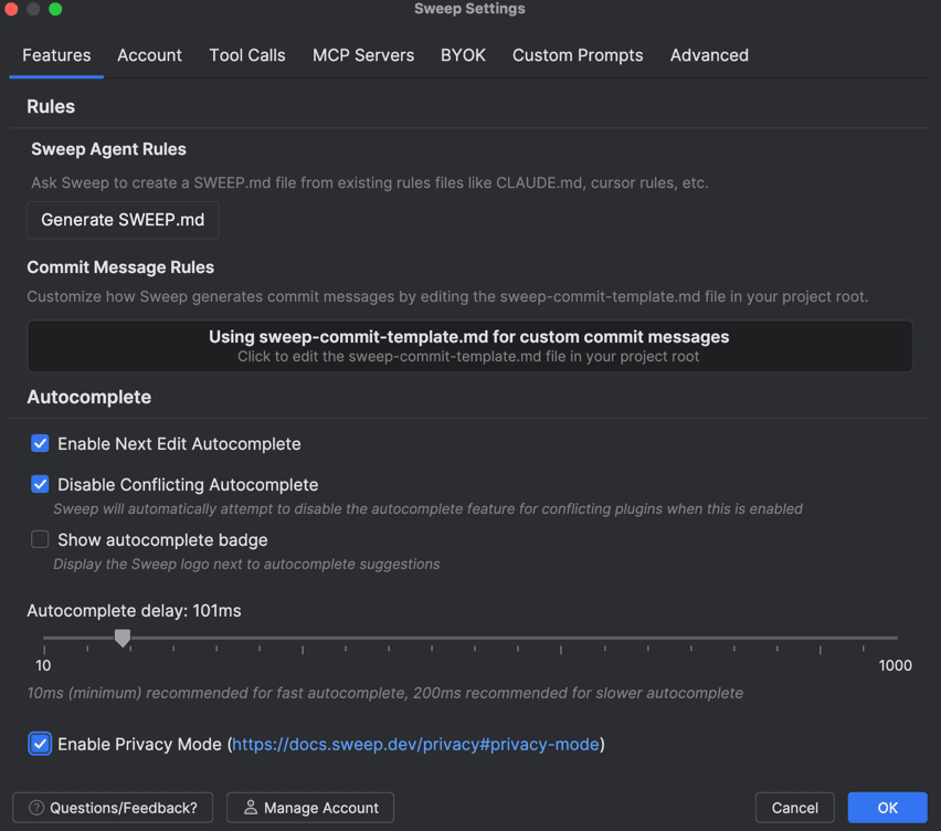 Settings privacy mode